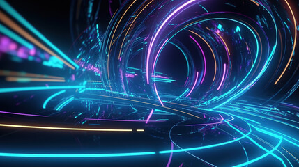 Fototapeta premium 3d abstract futuristic neon background with spinning glowing lines, speed of light, ultra violet rays, twisted electromagnetic vortex. Generative AI