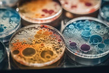 Macro close up shot of bacteria and virus cells in a scientific laboratory petri dish. Generative AI - obrazy, fototapety, plakaty
