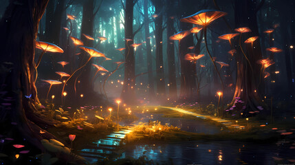 Fototapeta na wymiar Magical Forest With Glowing Fireflies Generative AI