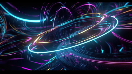 Fototapeta na wymiar 3d abstract futuristic neon background with spinning glowing lines, speed of light, ultra violet rays, twisted electromagnetic vortex. Generative AI