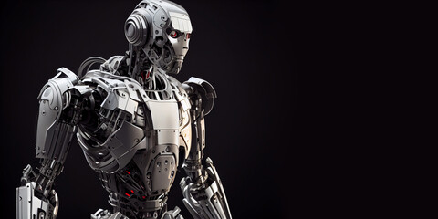 Fototapeta na wymiar A strong and powerful humanoid robot stands on an isolated dark background. Generative AI
