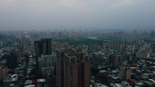 Buildings And Skyscrapers In Wanhua District In Taipei, Taiwan - aerial drone shot