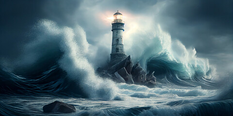 A luminous ancient sea lighthouse against the backdrop of huge waves and a raging sea during a storm. Generative AI