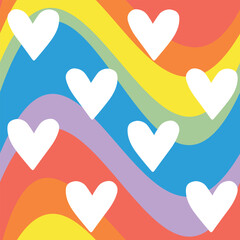 Vector seamless pattern of hearts isolated on rainbow lgbt groovy background