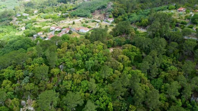 Aerial orbit around forest with archeological ruins on hillside above country farms