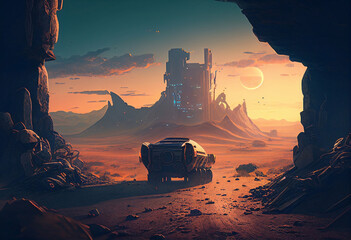 Futuristic dystopian alien world landscape with settlement and car