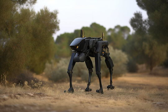A quadruped biomechanical robot also known as robot dog with a camera. Generative AI