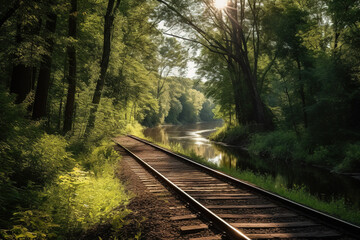 Fototapeta premium Forest trees and river along a railroad on a summer afternoon. Train tracks travel concept. Generative AI