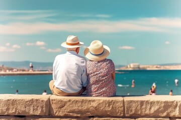 Fototapeta premium Loving the elderly couple sitting on the wall facing the beach, . Generative AI