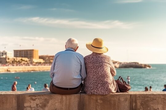 Loving the elderly couple sitting on the wall facing the beach, . Generative AI