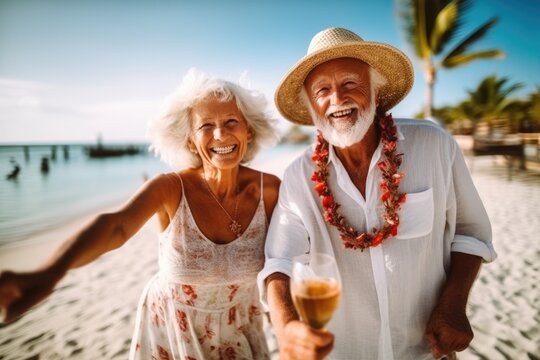 senior couple having a fun in tropical island. Generative AI