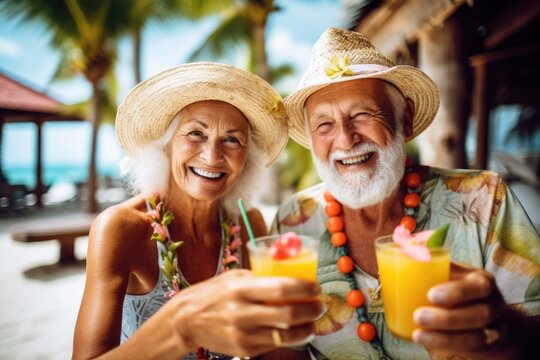 senior couple having a fun in tropical island. Generative AI