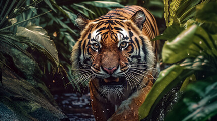 Obraz na płótnie Canvas Portrait of a tiger in the jungle. Wildlife scene from nature. Generative ai illustration