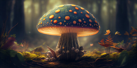 Glowing magic mushroom in a fairy forest, close-up. Generative AI