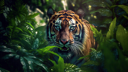 Portrait of a tiger in the jungle. Wildlife scene from nature. Generative ai illustration
