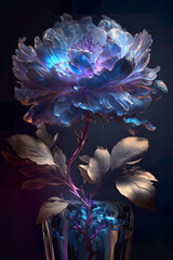 Close up of a white flower on a black background. Beautiful spectral light a bunch of plum Peony flower. Peony flower with thin petals shining with colorful neon light. Generative AI