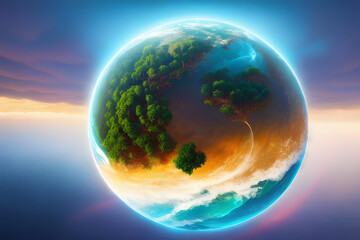 Fantasy sci-fi dreamland illustration of Earth like planet from trees, sunset  and ocean