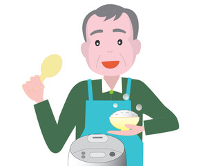 高齢者の男性が料理をしている。