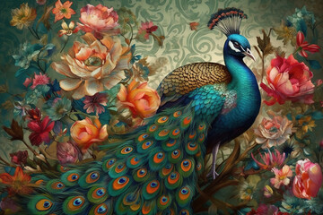 Exotic oriental pattern with peacocks and flowers in bright colors. Generative AI