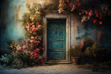 Vintage Door with Floral Accents. Generated Ai
