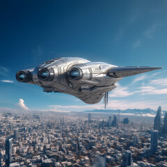 Spaceship Flying Around City. Futurist. Generated AI