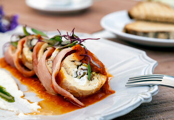 Ham and Chicken Roll with tomato sauce and Vegetables