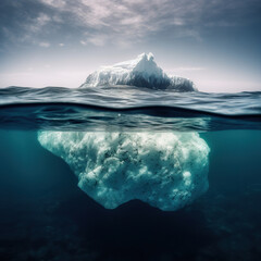 Fototapeta na wymiar Iceberg with above and underwater view. Iceberg concept underwater risk dark hidden threat or danger concept. Realistic 3D illustration. Generative AI