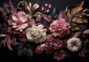 floral background , Pink peony, roses, on black background. Natural flowers wallpaper greeting card