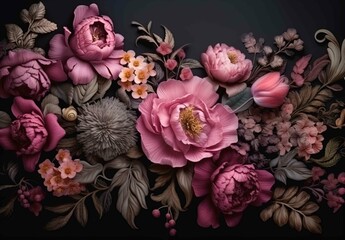 floral background , Pink peony, on black background. Natural flowers wallpaper greeting card