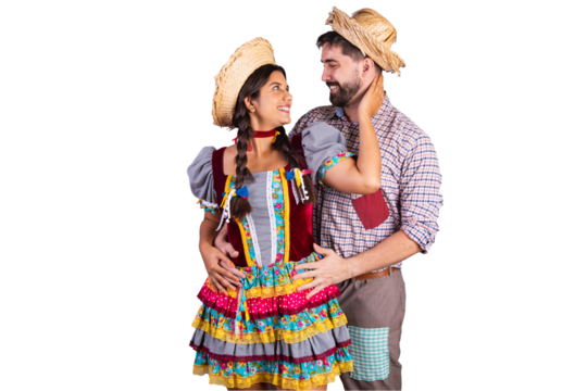 brazilian couple, clothes from festa junina, arraial, festa de são joão. boyfriend and girlfriend, kissing booth. love. Embraced.