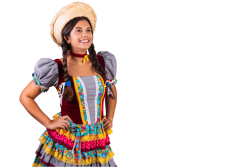 Brazilian woman, clothes from Festa Junina, Arraial, Festa de Sao Joao. hands on waist.