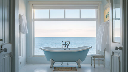 Salle de bain taillée dans la roche blanche avec sa baignoire et son porte serviette bleu océan. - obrazy, fototapety, plakaty