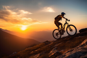 Fototapeta premium Mountain biking in sunset, Generative AI