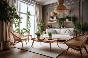 Fototapeta na wymiar Chic living space with timber furnishings and lush foliage. Generative AI