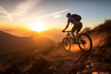 Fototapeta na wymiar Mountain biking in sunset, Generative AI
