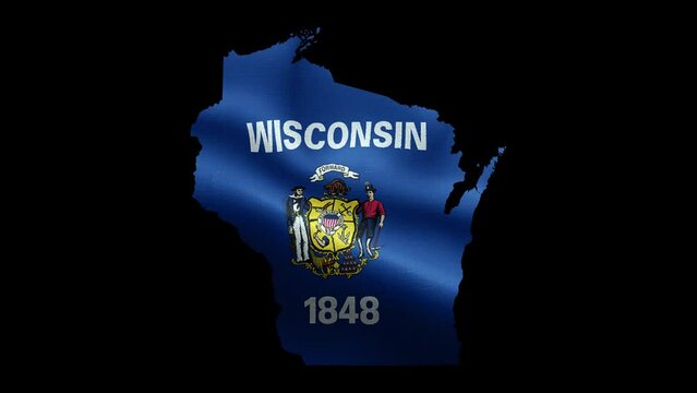 4K waving detailed textured flag of Wisconsin animation on the map. Loop alpha channel seamless Wisconsinite flag on territory. Outline geographic state border of Wisconsin stock video.