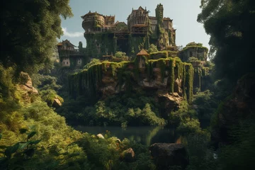 Gordijnen Fortress in lush wilderness by waterfront in Minecraft. Generative AI © Faith
