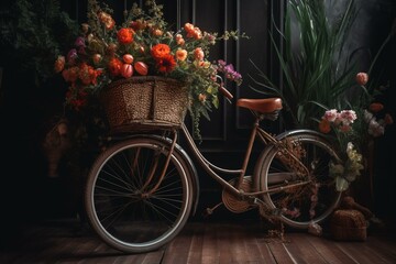Fototapeta na wymiar A vintage bike with a basket of flowers painted on canvas. Generative AI
