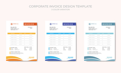 Clean Business invoice form template with 3 color themes vector template.