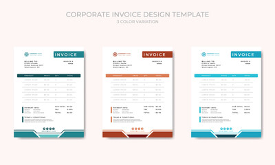Clean Business invoice form template with 3 color themes vector template.