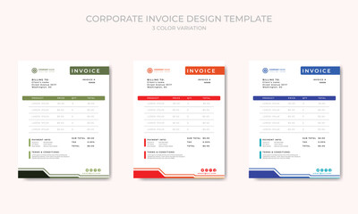 Clean Business invoice form template with 3 color themes vector template.