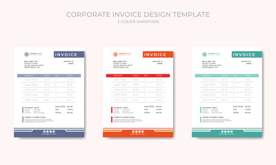 Clean Business invoice form template with 3 color themes vector template.