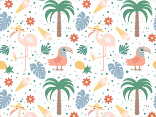 Seamless pattern with the image of a flamingo and a parrot. Cute pattern with cartoon characters and objects on a white background. Vector illustration.