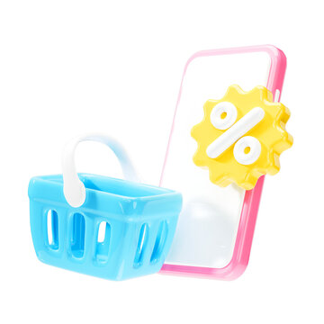  mobile phone with price tags icon for selling online shopping, Basket with promotion tag discount coupon