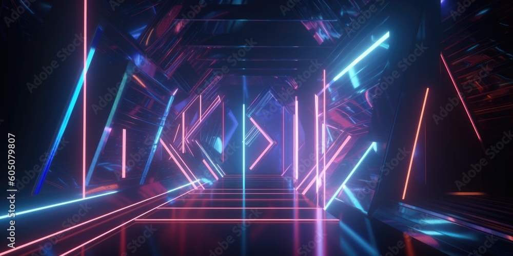 Poster 3d rendering of a futuristic background with geometric shapes and colorful neon lights. generative a