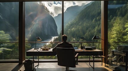 A dreamy office space offering an incredible view of the surrounding nature, inspiring peace and productivity. Generative AI