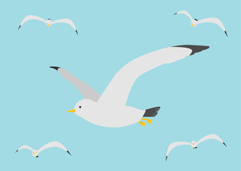 空を飛ぶカモメの群のイラストのセット_1
