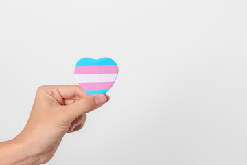 Transgender Day and LGBT pride month,  LGBTQ+ or LGBTQIA+ concept. hand holding blue, pink and white heart shape for Lesbian, Gay, Bisexual, Transgender, Queer and Pansexual community