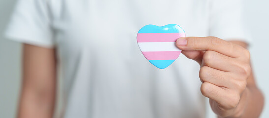 Transgender Day and LGBT pride month,  LGBTQ+ or LGBTQIA+ concept. hand holding blue, pink and white heart shape for Lesbian, Gay, Bisexual, Transgender, Queer and Pansexual community