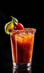 Photo shot of Bloody Mary cocktail on dark reflective background created with Generative AI technology